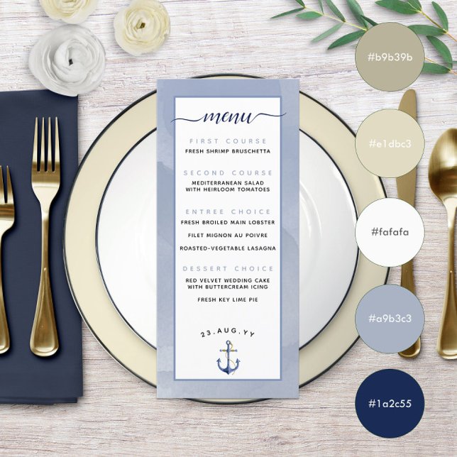 Menu ⚓ Mariage de plage à l'aquarelle bleue (⚓ Blue Watercolor Beach Wedding Menu
)