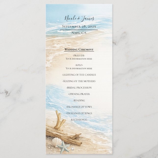 Menu Mariage de plage à l'aquarelle des marées éternell (Devant)