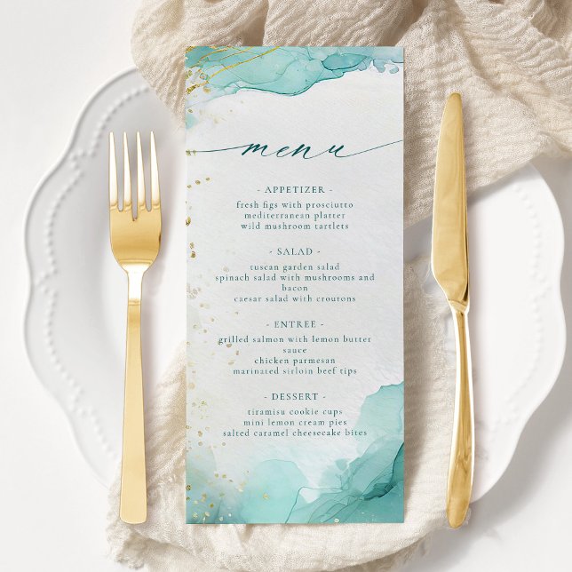 Menu Mariage de plage abstrait sarcelle et or moderne (Créateur téléchargé)
