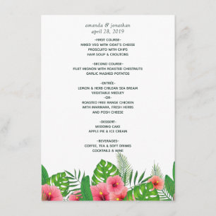Menu Mariage de plage aux feuilles tropicales aquarelle