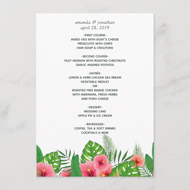Menu Mariage de plage aux feuilles tropicales aquarelle (Devant)