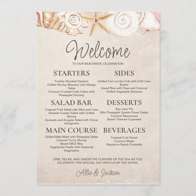 Menu Mariage de plage coquillages sable (Devant)