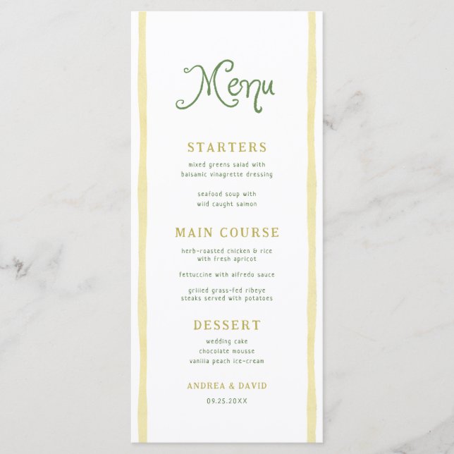 Menu Mariage de plage côtière à rayures jaunes d'agrume (Devant)