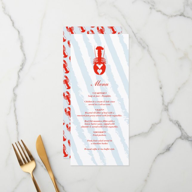 Menu Mariage de plage nautique aux rayures bleues et cœ (Devant/Arrière en situation)