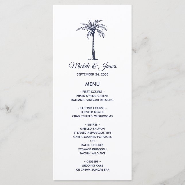 Menu Mariage de plage tropicale avec palmier bleu marin (Devant)