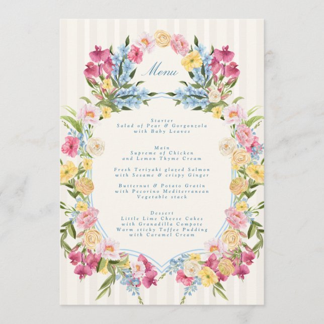 Menu Mariage de printemps à monogramme floral bleu fran (Devant)