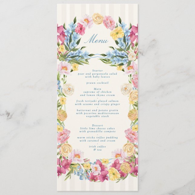 Menu Mariage de printemps floral bleu élégant français (Devant)