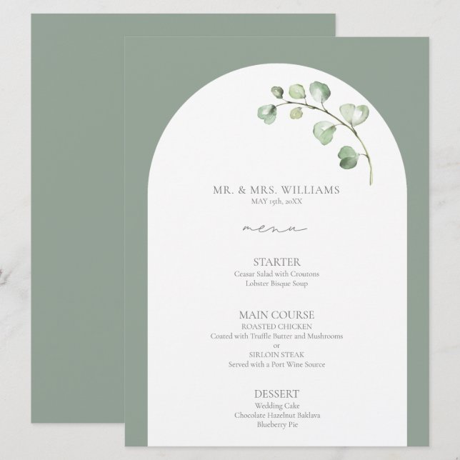 Menu Mariage de script botanique moderne Sage Green Arc (Devant / Derrière)