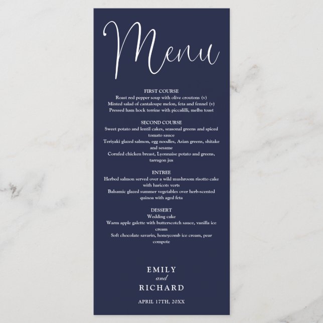 Menu Mariage de script de calligraphie bleu marine (Devant)