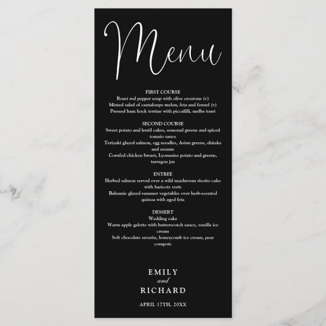 Menu Mariage de script de calligraphie noir et blanc (Devant)