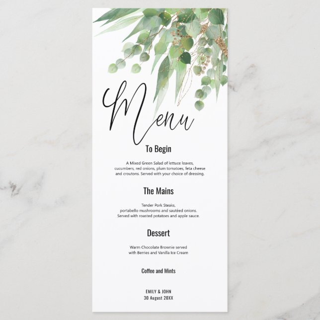 Menu Mariage de script Feuille Green Gold Eucalyptus (Devant)