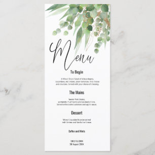 Menu Mariage de script Feuille Green Gold Eucalyptus