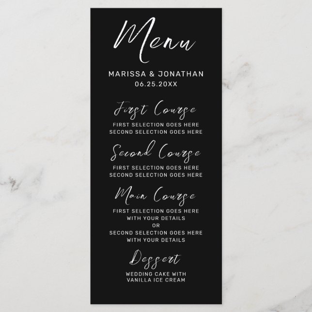 Menu Mariage de script moderne noir blanc main lettres (Devant)
