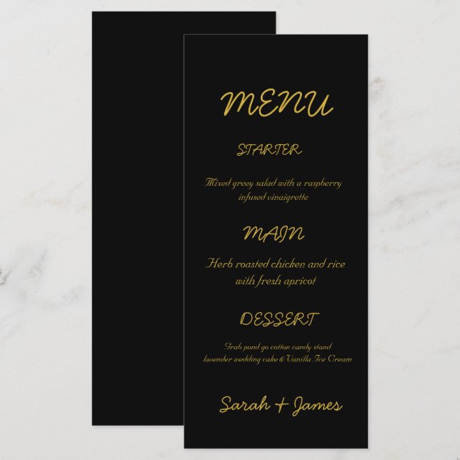 Menu Mariage de script moderne noir et or (Devant / Derrière)
