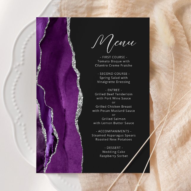 Menu Mariage de script moderne violet Agate Argent (Créateur téléchargé)