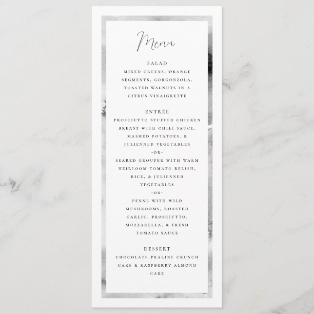 Menu Mariage de script officiel de cadre noir et Marbre (Devant)