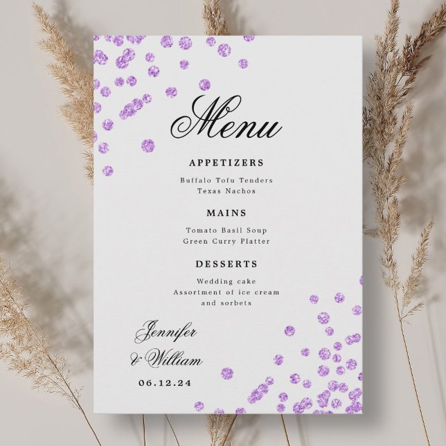 Menu Mariage de script romantique Confetti violet (Romantic Script Wedding Confetti Purple Menu)