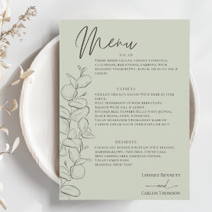 Menu Mariage de script vert minimaliste feuille dessiné