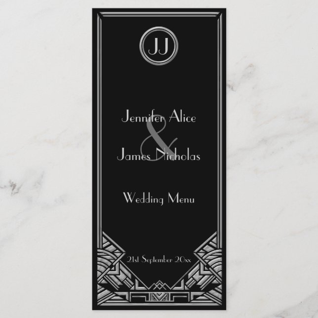Menu Mariage de style Gatsby Art Déco Argent Noir (Devant)