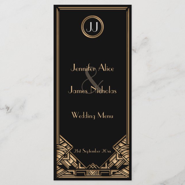 Menu Mariage de style Gatsby Art déco d'or noir (Devant)