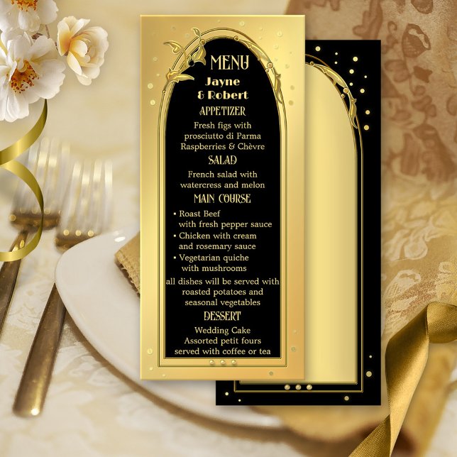 Menu Mariage de style Noir Chic Gold (Elegant menu card featuring a gold and black design with sparkling confetti.)