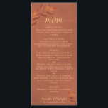 Menu Mariage de terre cuite rustique Feuille<br><div class="desc">Ce menu mariage est élégant, rustique et beau. Il présente un design en terre cuite ou en argile avec des feuilles d'aquarelle peints à la main dans les tons de rouille orange et de bois brûlé. Le titre est écrit en calligraphie de script dentée et il y a place pour...</div>