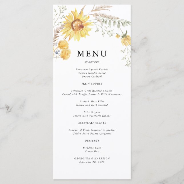 Menu Mariage de tournesol fin été (Devant)