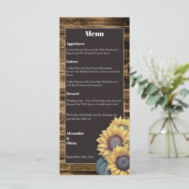 Menu Mariage de tournesol rustique (Debout devant)