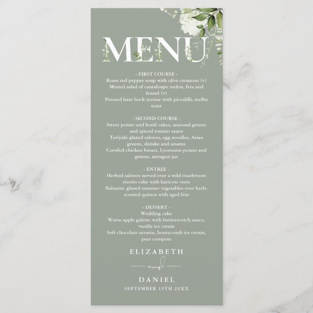 Menu Mariage de typographie florale de verdure sage Mon (Devant)