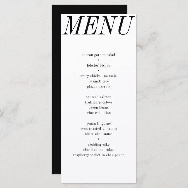 Menu Mariage de typographie noir blanc contemporain uni (Devant / Derrière)