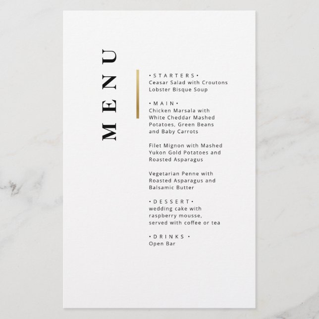 Menu mariage de typographie noir et blanc or (Devant)