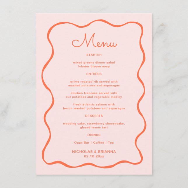 Menu Mariage de vague rose et orange (Devant)