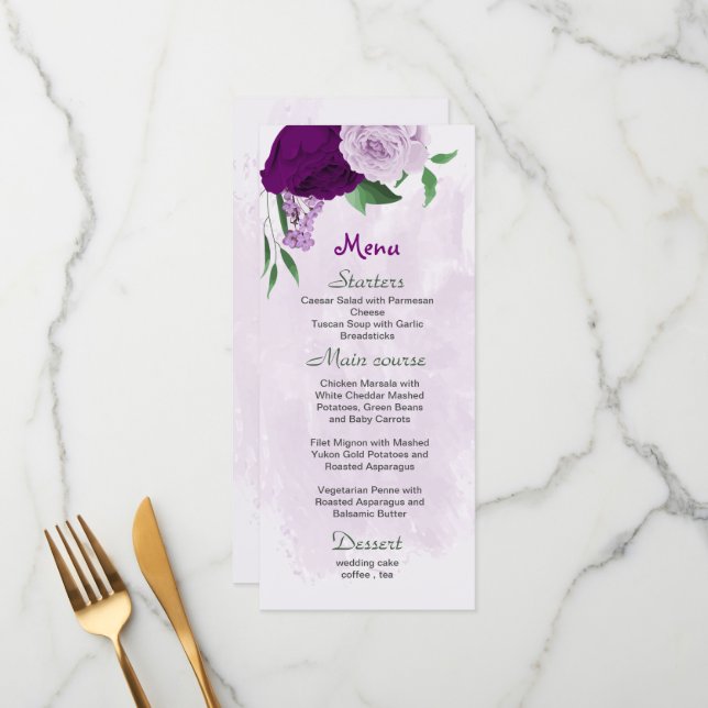 Menu Mariage de verdure aux fleurs violettes (Devant/Arrière en situation)