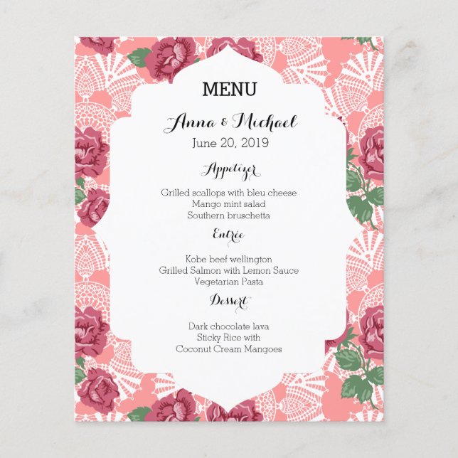 Menu mariage Delicate Pays Chic Rose & Dentelle (Devant)