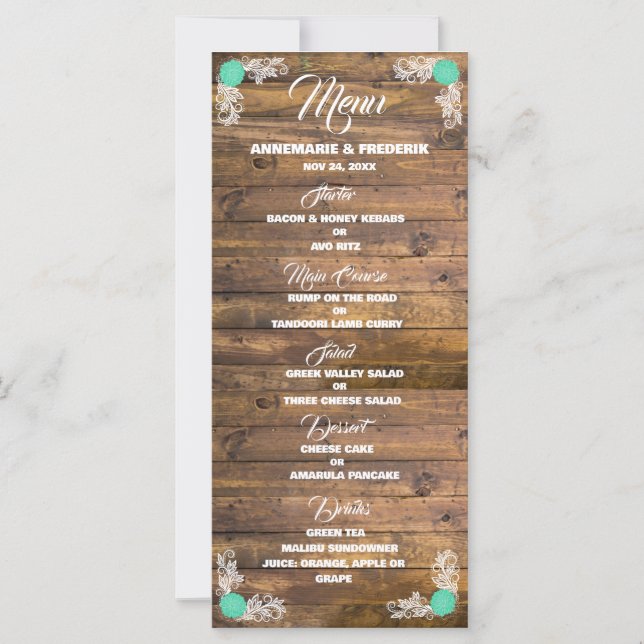 Menu Mariage dentelle rustique bois (Devant)