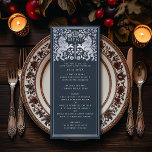 Menu Mariage d'épée médiévale Silver Blue Royal Lion<br><div class="desc">Célébrez votre journée spéciale avec ce design Mariage Royal Medieval Lion. L'argent présenté dans ce design n'est pas un vrai papier peint. Vous pouvez customiser plus loin en cliquant sur le bouton "PERSONNALISER".</div>