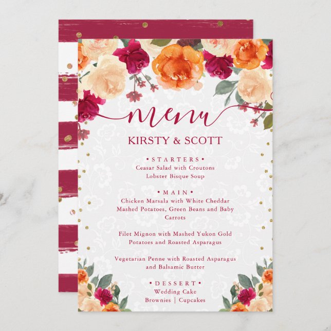 Menu Mariage des fleurs automnales rouge et orange (Devant / Derrière)