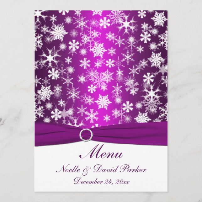 Menu Mariage des flocons de neige violet et blanc (Devant)