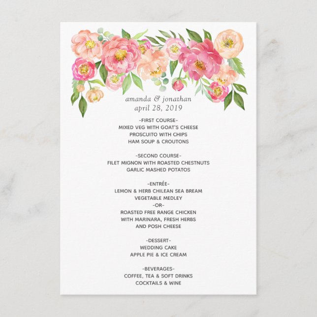 Menu Mariage des pivoines aquarelles (Devant)