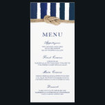 Menu Mariage des rayures de marine de noeud nautiq<br><div class="desc">Ce menu de mariage nautique personnalisé comprend des bandes d'aquarelle marine et blanche avec un noeud de corde nautique. Customisez avec tous les détails du menu mariage ou événement. Coordonné parfaitement avec la faire-part de mariage et la collection "Nautical Knot".</div>