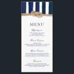 Menu Mariage des rayures de marine de noeud nautiq<br><div class="desc">Ce menu de mariage nautique personnalisé comprend des bandes d'aquarelle marine et blanche avec un noeud de corde nautique. Customisez avec tous les détails du menu mariage ou événement. Coordonné parfaitement avec la faire-part de mariage et la collection "Nautical Knot".</div>