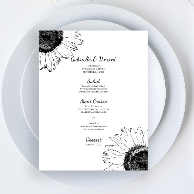 Menu Mariage des tournesols noir et blanc (Créateur téléchargé)