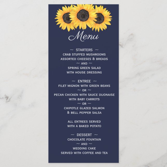 Menu Mariage des tournesols sur Floral bleu (Devant)