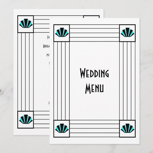 Menu Mariage design Art déco bleu (Devant / Derrière)