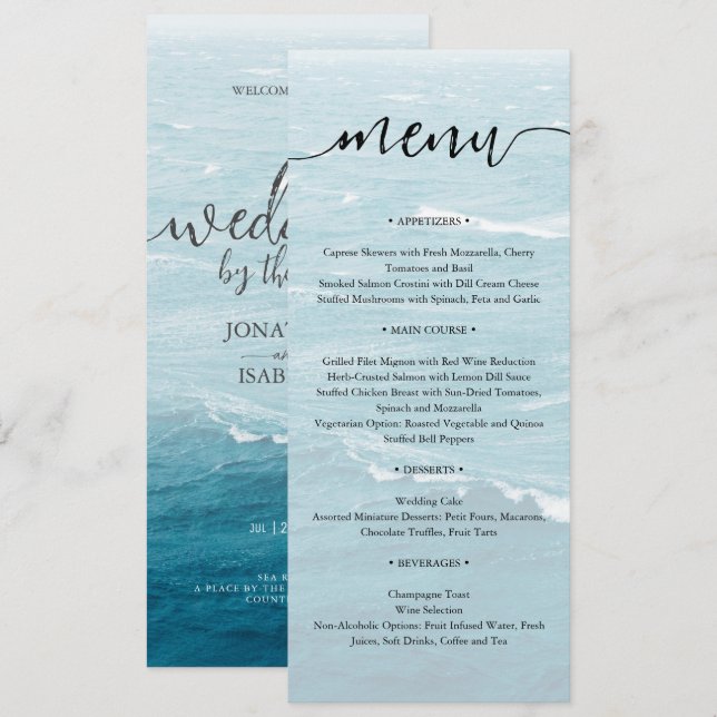 Menu Mariage d'été au bord de la mer bleue ondulée ombr (Devant / Derrière)
