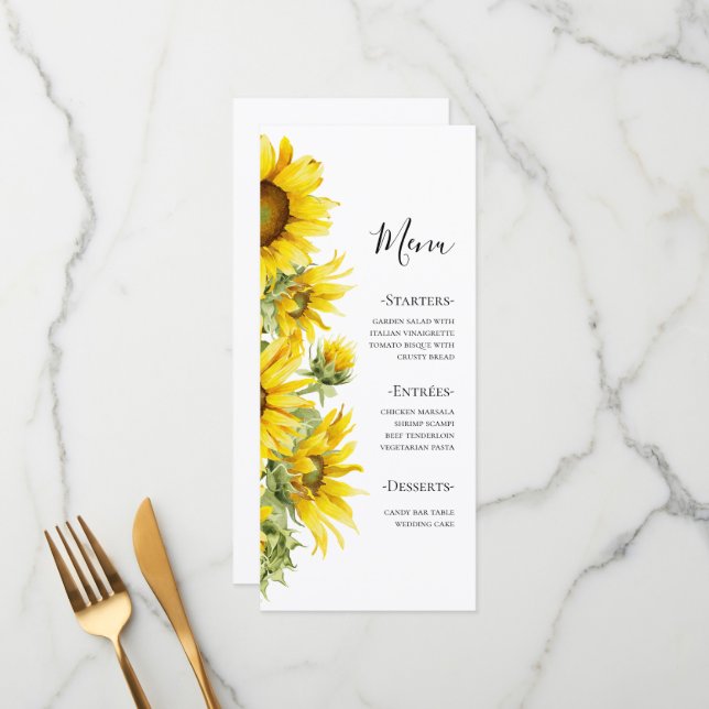 Menu Mariage d'été au tournesol élégant  (Devant/Arrière en situation)