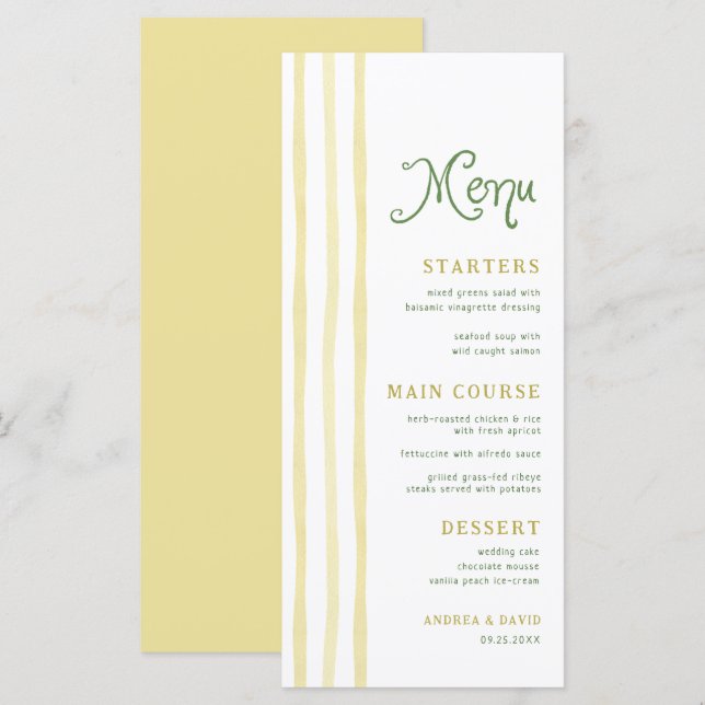 Menu Mariage d'été avec écriture manuscrite et rayures  (Devant / Derrière)