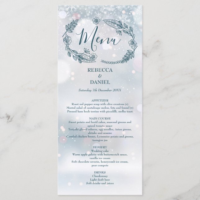 Menu Mariage d'hiver aux flocons de neige floraux rusti (Devant)