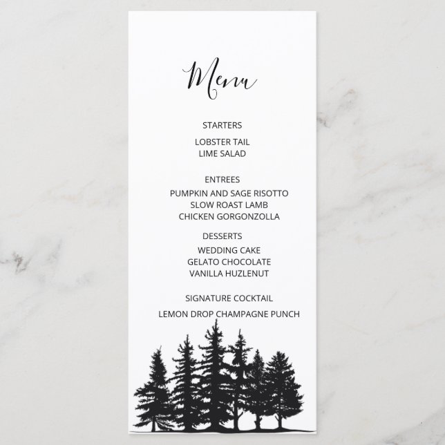 Menu Mariage d'hiver aux pins noirs et blancs (Devant)