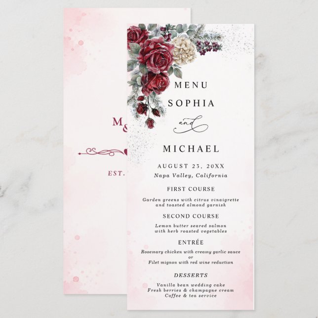 Menu Mariage d'hiver aux Roses Gelées (Devant / Derrière)